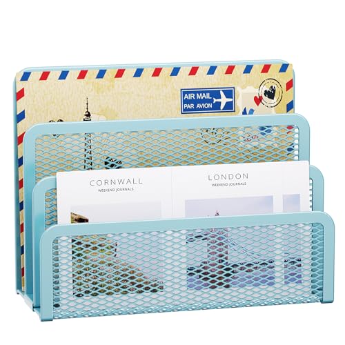 Marbrasse Mail Organizer for Desk, 3-Slot Mesh Metal Mail Holder countertop, Letter Holder, Office Desktop Envelope and Document Storage Rack (Blue) - color: Blue