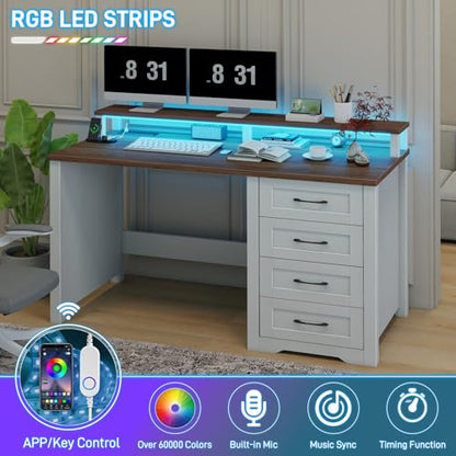 Vabches 47" Farmhouse Executive Desk with 4 Drawers,LED Lights,Unique White - color: Unique White, size: 4 Drawers & Monitor Stand