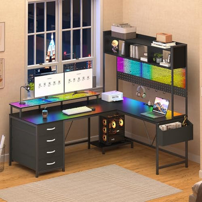L Shaped Desk with Hutch and Drawers, Gaming Desk with LED Lights ＆ Outlets | Computer Desk with 4 Drawers and Monitor Stand, Corner Desk with Pegboard for Home Office ＆ Gaming, Black