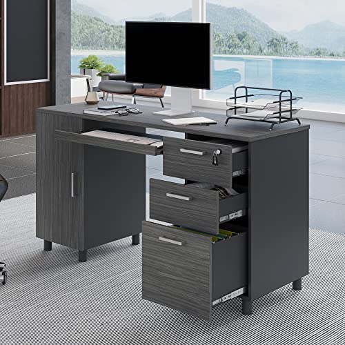 Modern Designs Venice Computer Desk with Lockable Drawers, 53 Inch Home Office Desk with Storage Cabinet, Keyboard Tray & Cable Management, Modern Study Writing Desk for Small Spaces, Black and Grey - color: Black Grey