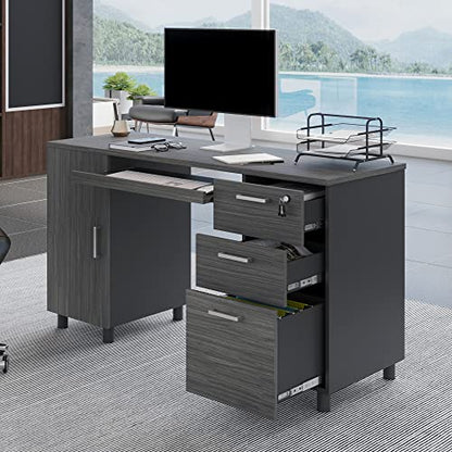 Modern Designs Venice Computer Desk with Lockable Drawers, 53 Inch Home Office Desk with Storage Cabinet, Keyboard Tray & Cable Management, Modern Study Writing Desk for Small Spaces, Black and Grey - color: Black Grey