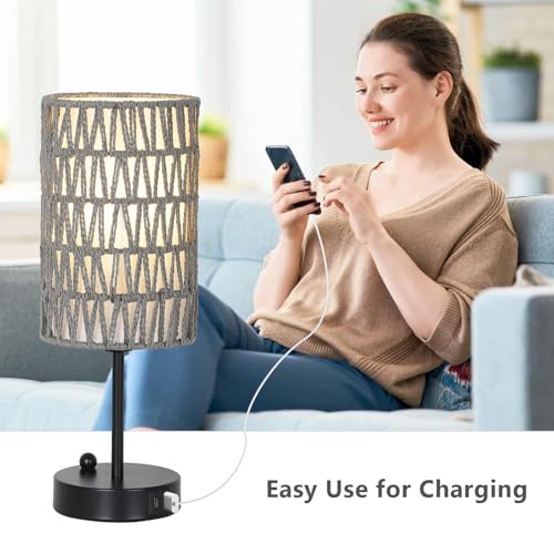 Gray Bedside Lamps Set of 2, Touch Control Night Stand Lamp for Bedroom with Rattan & Linen Shade & Bulbs, 3 Way Dimmable Small Boho Table Lamps with USB Charging Port & Phone Stand - color: Gray-2pack