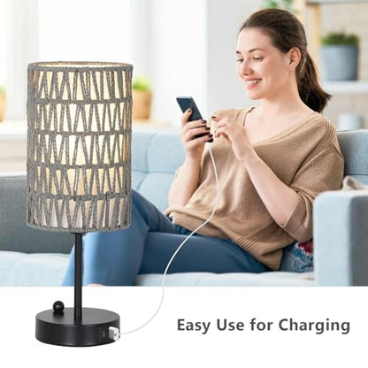Gray Bedside Lamps Set of 2, Touch Control Night Stand Lamp for Bedroom with Rattan & Linen Shade & Bulbs, 3 Way Dimmable Small Boho Table Lamps with USB Charging Port & Phone Stand - color: Gray-2pack