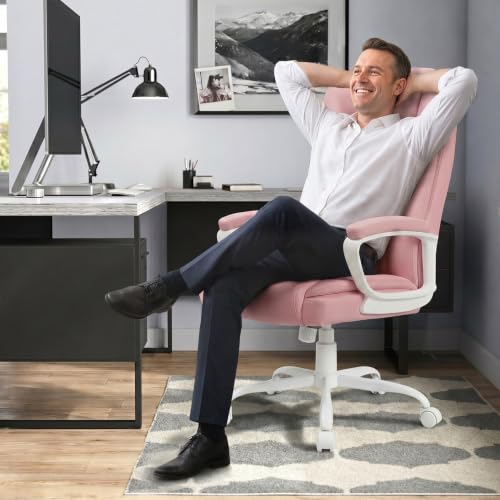 LEMBERI High Back PU Leather Executive Office Chair, Adjustable Swivel Computer Desk Chair with Padded Armrests for Home Office, Pink - color: Pink