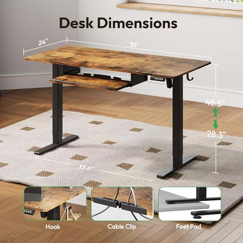 55 x 24 Inch Electric Standing Desk with Keyboard Tray, Brown | 3-Year Free Motor Replacement, 28.3-46.5 in Height, 3 Presets, 45 dB or Less, 154 lb Capacity, Keyboard Tray - color: Brown, size: 55X24