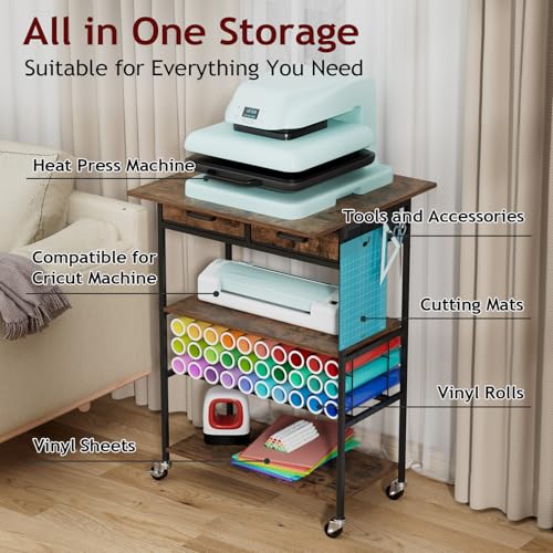 Homsorout Movable Heat Press Table with Drawer & Hooks, 23.6''×19.6'' - style: Black and Brown