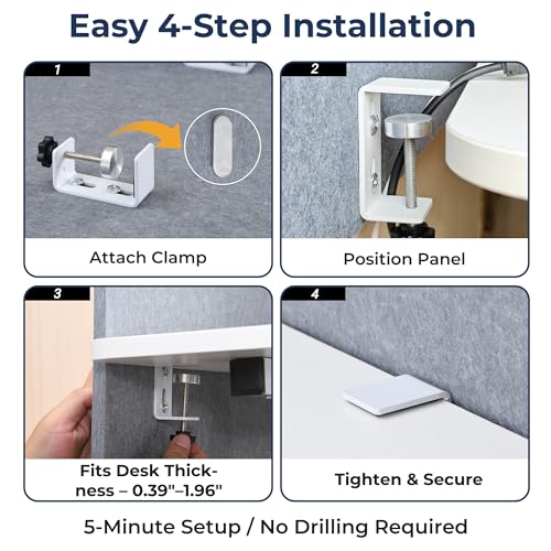 Desk Privacy Panel, Gray Clamp-On Divider for Office & Home | No-Drill Clamp Mount,Under Desk,Polyester,Cable Routing Clearance,Pin-Friendly Felt Surface,48" x 24" - size: 48"x24"