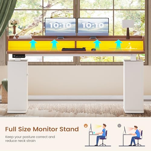 SEDETA Standing Desk with Storage, 55" Fluted Stand Up Desk with Power Outlets & LED Lights, Height Adjustable Table with Monitor Shelf for Home Office, Gaming, Brown + White - color: Brown + White