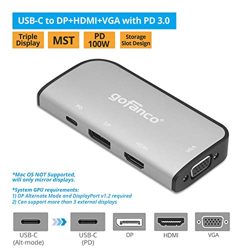 gofanco 4K 60Hz USB-C MST Hub with 3 Displays (USBCMST3VID) | USB-C to Up to 3 Displays HDMI/DisplayPort/VGA, 100W PD Charging, Thunderbolt 3 & 4 Compatible, Windows Only, No macOS - style: 4K 60Hz Triple