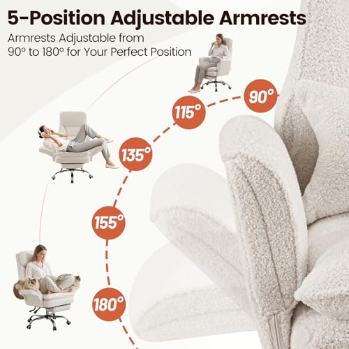 Criss Cross Office Chair with Armrests & Wheels, Big and Tall Office Chair with Footrest, Flip Armrests for Pets, Wide Seat Cross Legged Desk Chair, Ergonomic Computer Chair, Teddy, White - color: White