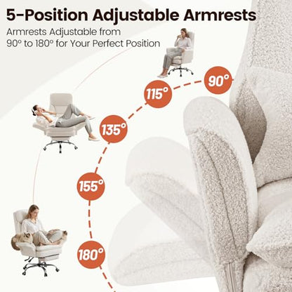 Criss Cross Office Chair with Armrests & Wheels, Big and Tall Office Chair with Footrest, Flip Armrests for Pets, Wide Seat Cross Legged Desk Chair, Ergonomic Computer Chair, Teddy, White - color: White