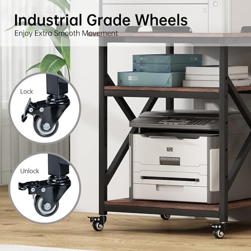 Fannova 23.6"x23.6" Large Printer Stand, 3 Tier Square Table for 3D Printer | Height Adjustable Storage Shelf, Heavy Duty Industrial Wheels - All 4 Lock, Home Office Rolling Printer Cart, Rustic Brown - color: Rustic Brown