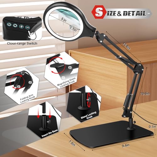 NZQXJXZ 10X 30X Large Magnifying Glass with Light and Stand, 5-inch LED Lighted Magnifier, 3 Color Modes Stepless Dimmable, Hands-Free Magnifying Glass Desk Lamp for Reading Craft Hobby Close Work