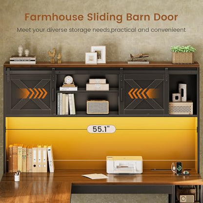 SEDETA 67" Farmhouse L Shaped Desk with Hutch, Black+Brown - color: Black and Brown, size: L Shaped Desk with Hutch (67")