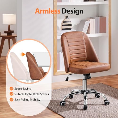 Yaheetech Retro Brown Faux Leather Armless Swivel Rolling Vanity Desk Chair | Compact faux leather seat fits small vanity, sewing or office desks; adjustable height, swivels on smooth wheels, fast setup. - color: Retro Brown