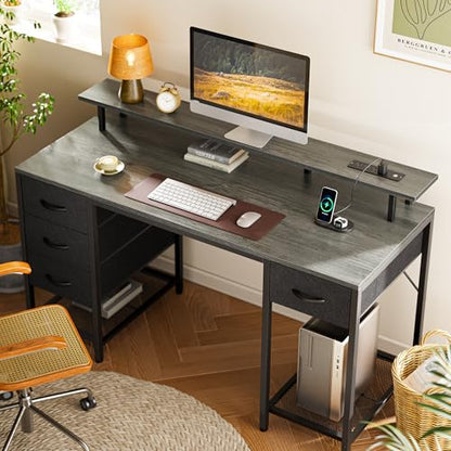 Huuger 55 inch Computer Desk with Power Outlets & 4 Drawers - color: Grey, size: 55 Inch