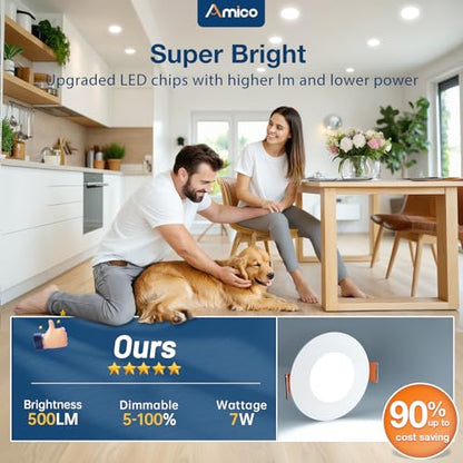 Amico 12 Pack 3 Inch LED Recessed Lighting, Canless Wafer Downlight, White | 5CCT 2700K-5000K, 5%-100% Dimmable, Ultra-thin, Metal housing, 500LM 7W 120V, IC & Damp Rated, ETL & FCC, 50000h Life Span - color: White, size: 3 Inch