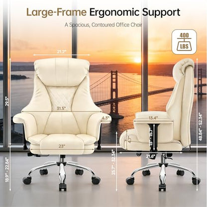Big and Tall Office Chair - Executive High Back Leather Office Desk Chair with Adjustable Lumbar Support - Ergonomic Comfortable Heavy Duty Computer Gaming Chair with Padded Arms & Wide Seat - color: Beige