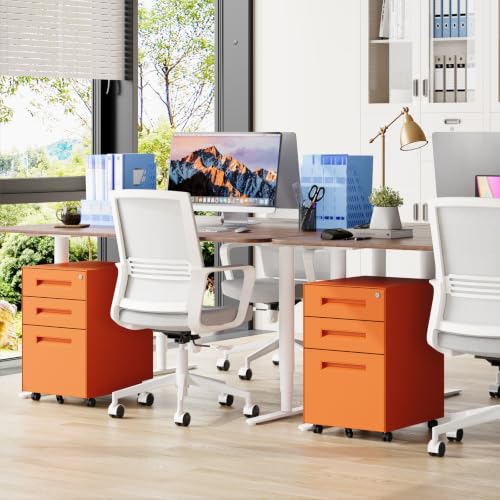 Dripex 3 Drawer Metal Rolling File Cabinet Under Desk Filing Cabinet Orange | 15"W x 18"D x 24"H, Lockable, 5 Wheels, Fully Assembled, Letter/Legal Size, Suitable for Home Office - color: Orange