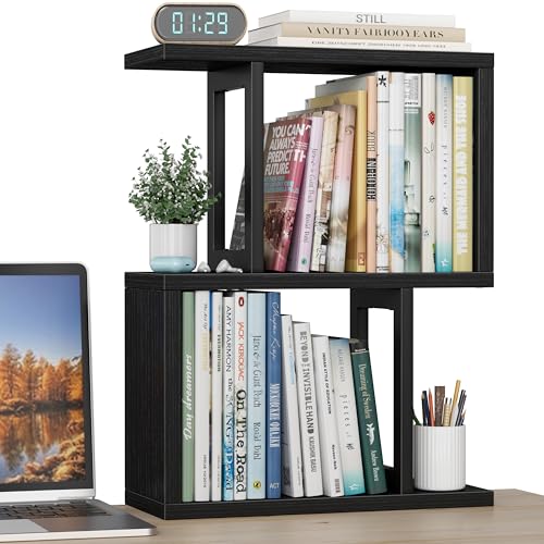 Desktop Bookshelf Shelf for Top of Desk - Black Small Organizer 3-Tier Shelves Storage Bookcase Hutch for Dorm Office College Table Top Organization Shelving Decorations for Women Office - color: Black