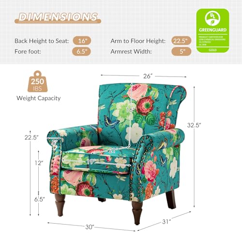 HULALA HOME Traditional Floral Accent Chair with Solid Wood Legs, Blue | Comfy Upholstered Armchair Reading Chair with Rolled Armrests, Nailhead Trim, Removable Cushion, for Living Room Bedroom - color: Blue