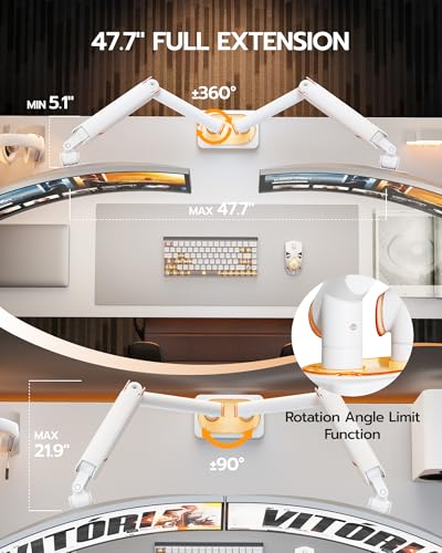 ARES WING 17-45 Inch Monitor Arm Ultrawide Dual Monitor Mount, White | Heavy Duty Mechanical Spring Monitor Stand Adjustable Arms Holds up to 44lbs, 75/100 VESA Mount with Clamp/Grommet Base - color: White, style: Non RGB