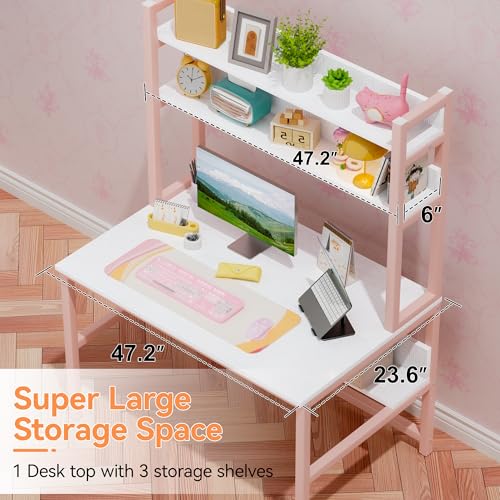 Aquzee Pink Desk with Shelves, Computer Desk with Hutch, 47 Inch - color: Pink, size: 47inch