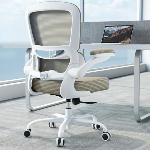 TRALT Ergonomic Office Chair Desk Chair with Adjustable Lumbar Support | Desk Chair Comfy with Flip-up Armrests Ergonomic Chair - Mesh Computer Chairs for Adults, 330lbs, PU Leather (Khaki, 1) - color: Khaki, size: Pack of 1