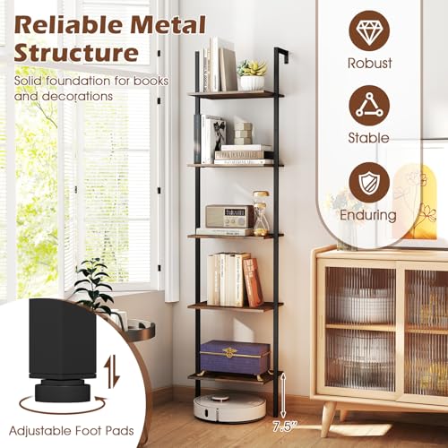GIANTEX 5 Tier Ladder Shelf, Wall Mount Bookshelf with Anti-Tipping Kits & Metal Frame, Industrial Decorative Bookcase, Vertical Open Storage Display Shelf for Living Room Bedroom Home Office (1)