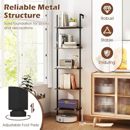 GIANTEX 5 Tier Ladder Shelf, Wall Mount Bookshelf with Anti-Tipping Kits & Metal Frame, Industrial Decorative Bookcase, Vertical Open Storage Display Shelf for Living Room Bedroom Home Office (1)