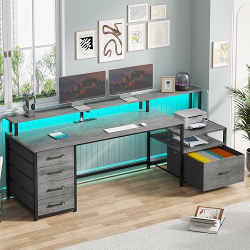 SEDETA 66'' Computer Desk with 5 Drawer, Power Outlet for Home Office - color: Grey, size: 67X18.5inch