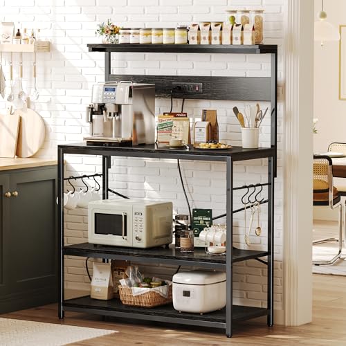 SUPERJARE Bakers Rack with Power Outlets, Microwave Stand, 39.4 X 14.3 Inch Larger Desktop, Kitchen Storage Rack with Adjustable Middle Shelf, 6 S-Shaped Hooks, Coffee Bar Stand, Black - color: Black, size: 39.4inch