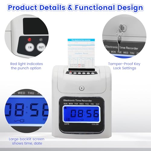 Time Clock for Employees Small Business, Auto-Align Punch Clock with 50 Time Cards, 2-Color Printing (Black/Red), Backlit LED Display, Attendance Machine for Office