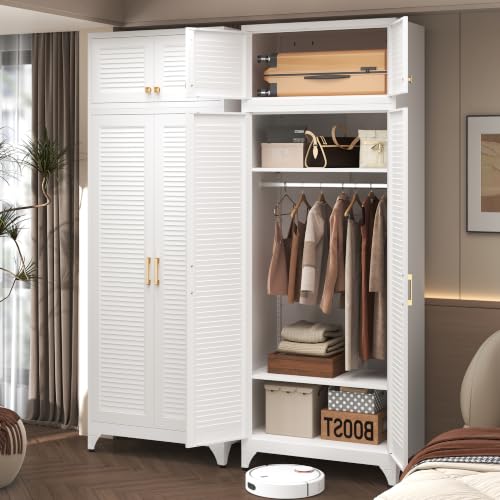 Steeloong 86"Armoire Wardrobe Close,Metal Wardrobe Cabinet with Hanging Rod | White Closet Cabinet with Doors and Adjustable Shelves,Freestanding Clothing Storage Cabinets for Bedroom Office,Gym,Hospital - color: White, style: 86"H Wardrobe