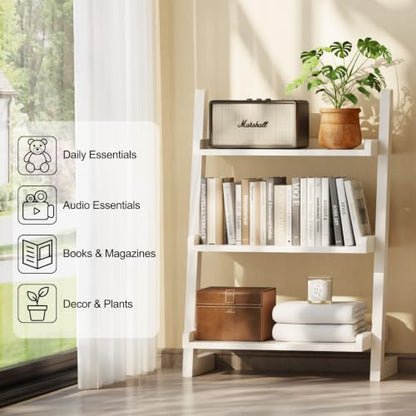 AQIMUELE Solid Wood Ladder Shelf, Leaning Bookshelf, White, 3-Tier - color: White, size: 3-Tier