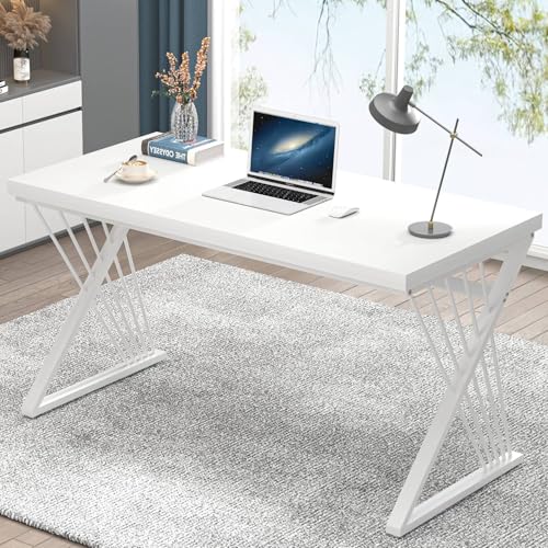 Modern White Desk, Rustic Wood and Metal Computer Desk for Home Office, Simple Writing Work PC Desks for Bedroom, Industrial Study Gaming Table for Living Room, White, 53 Inch - color: White, size: 53 Inch
