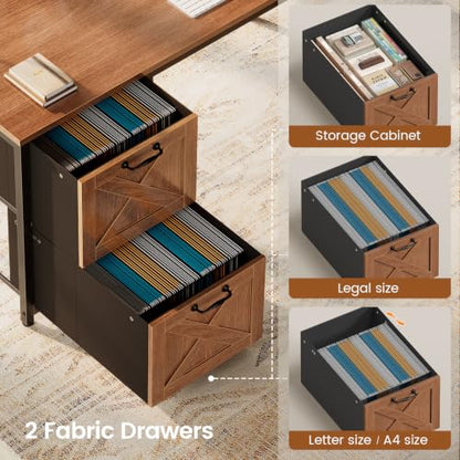 SEDETA Reversible Farmhouse L Shaped Office Desk with Drawer, Hutch - color: Brown