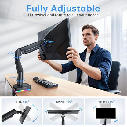 RGB Single Monitor Stand, Gas Spring Monitor Arm with 3 USB Ports, Charging and USB Data Transfer Function, Desk Mount for 13"-32" Monitors up to 19.8lbs, Adjustable Height, Tilt, Swivel, Rotate