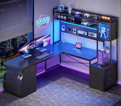 SEDETA Reversible L Shaped Gaming Desk with 6 Drawers, Hutch, Led Lights - color: Black