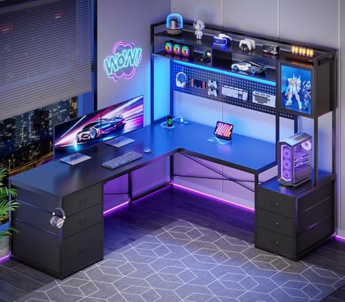 SEDETA Reversible L Shaped Gaming Desk with 6 Drawers, Hutch, Led Lights - color: Black