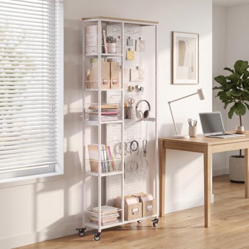 Furnaza 68.7" H Rolling Home Office Storage Cart with Dual-Sided Pegboard | 5-Tier Utility Rolling Storage Cabinet with Wheels,Rolling Craft Organizer for Office Supplies,Craft Room, Laundry Room,White - color: White