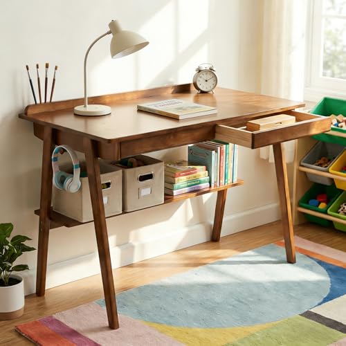 KEIKI Solid Wood Writing Desk with Drawers, 47" Computer Desk with Shelf for Home Office Work, Study, Walnut - color: Walnut W/Shelf