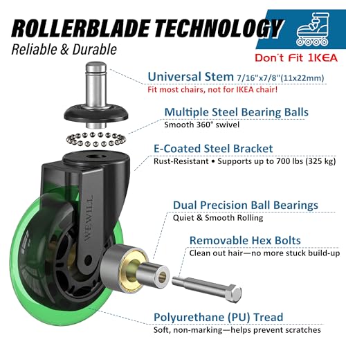 WEWILL Office Chair Wheels - Rubber Casters Replacement Universal Fit 98% Chair(Set of 5) Heavy Duty 3 Inch Smoothly & Quietly Safe for All Floor, Hardwood, Tile, Carpet, Noise Free - Green - color: Deep Green
