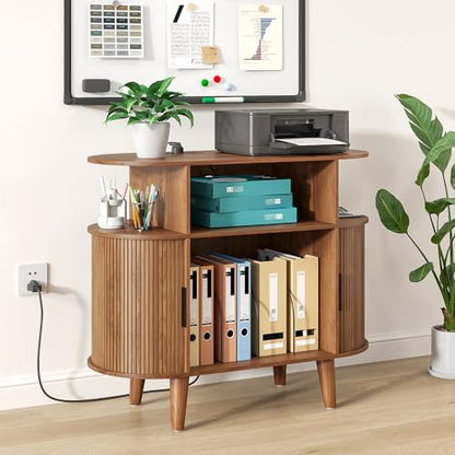 Fiogmub Round Printer Stand with Charging Station & USB Ports - color: Walnut