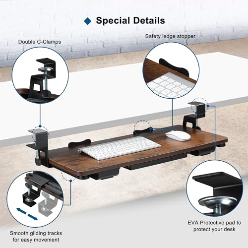 Keyboard Tray Under Desk with Drawer,26.77" X 11.81"Large Size Keyboard Tray with C Clamp-on Mount, Easy to Install, for Home Office (Mahogany) - color: Mahogany