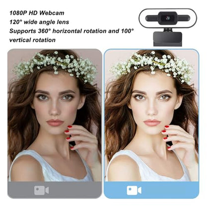1080P HD Webcam with Microphone, Computer Web Camera Wide Angle with Adjustable Ring Light for Wins for OS X, USB Webcam for Video Streaming Conference