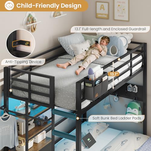 DICTAC Twin Over Full Bunk Bed with 4 Storage Drawers and 3-Tier Open Bookshelf Metal Bunk Bed with LED Lights,Charging Station and Pegboard,L-Shaped bunk Beds with Safety Guardrail and Ladder,Black - color: Black, size: Twin Over Full