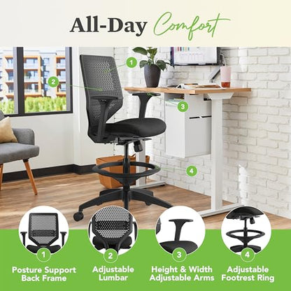 HON Solve Ergonomic Stool, Office Chair, Footring, ReActiv Back, Black - color: Black - Reactiv Back - Stool