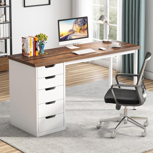 Tribesigns Computer Desk with 5 Drawers, 47 inches Rustic Brown Home Office Desk with Storage, Modern Simple Laptop Desk Study Writing Table for Small Spaces (Brown+White) - color: Brown+white