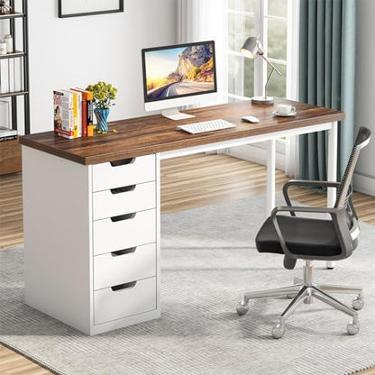 Tribesigns Computer Desk with 5 Drawers, 47 inches Rustic Brown Home Office Desk with Storage, Modern Simple Laptop Desk Study Writing Table for Small Spaces (Brown+White) - color: Brown+white